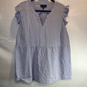 Lane Bryant Size 22 V Neck‎ Blue Stripe Rayon Nylon Short Sleeve Blouse